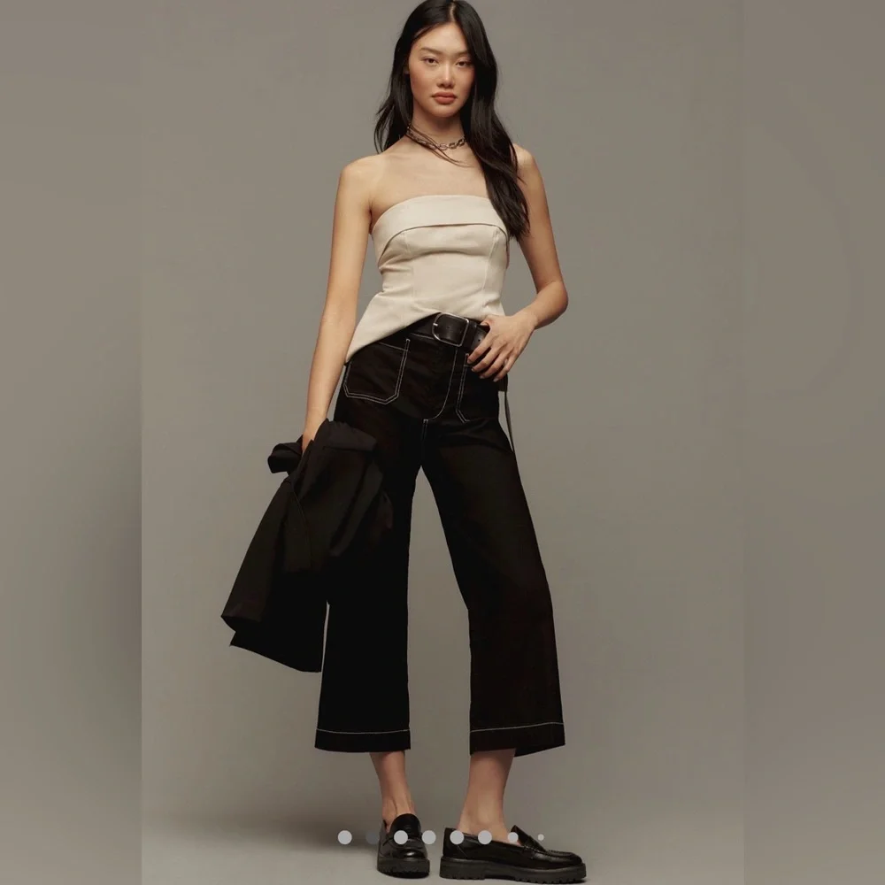 Maeve Black Wide-Leg Cropped Pants with Contrast Stitching - Picture 3 of 5